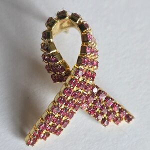 Breast cancer ribbon pin Pink rhinesones gold tone awareness survior brooch